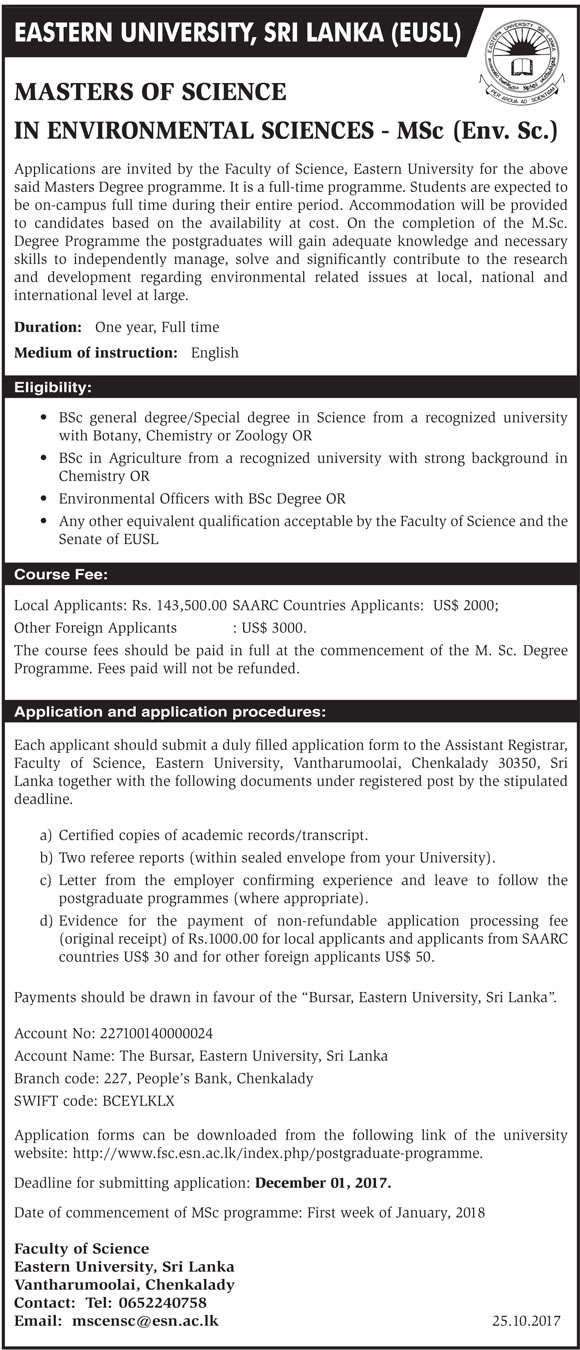 Masters of Science in Environmental Sciences - Eastern University 